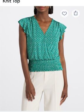 Green Floral Surplice Smocked-Hem V-Neck Top